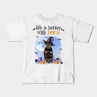 Rottweiler Witch Hat Life Is Better With Dogs Halloween Kids T-Shirt